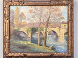 une peinture à l'huile représentant un pont au-dessus d'une rivière, à côté d'un arbre