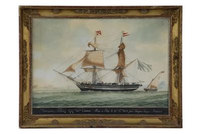 une peinture représentant un voilier en pleine mer, arborant un drapeau