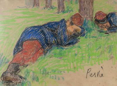 un dessin représentant deux personnes allongées sur l'herbe
