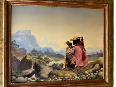 tableau représentant une femme et un enfant assis sur des rochers dans un paysage montagneux
