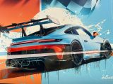 a painting of a car with a surfboard on top of it