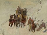 un tableau représentant une calèche tirée par des chevaux sur une route enneigée