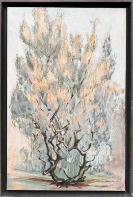 une peinture à l'huile représentant un arbre au milieu d'un champ