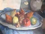 a painting of a plate of fruit on a table