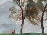 a painting of a person sitting on a bench in a field