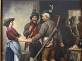 a painting of a man shaking hands with a woman