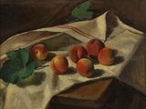 une peinture représentant des pêches posées sur une nappe, sur une table