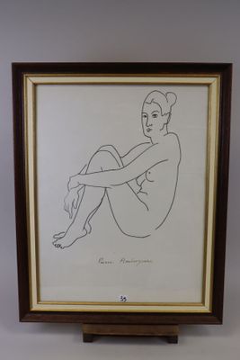dessin encadré représentant une femme assise à genoux, dans un cadre en bois