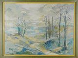 an oil painting of a landscape with trees in the foreground