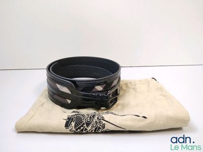Ceinture BURBERRY en cuir verni noir et tissu nova check gri…