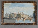painting of a bridge over a river with a castle in the background
