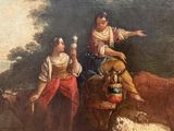 painting of two women sitting on top of a herd of sheep in a wooded area