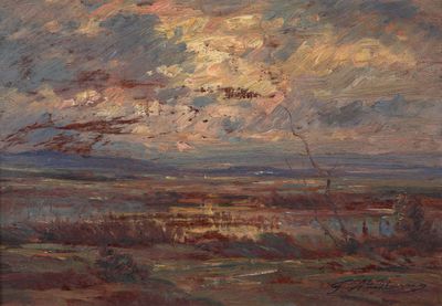 une peinture à l'huile représentant un ciel nuageux au-dessus d'un champ, avec un oiseau volant dans le ciel