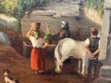a painting of people and a horse in a courtyard
