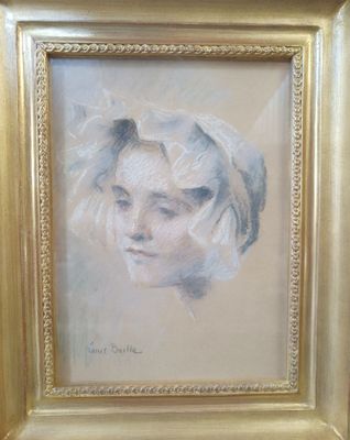 an oil painting of a woman ' s face in a gold frame