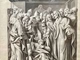 a drawing of a group of people standing around a man laying on the ground