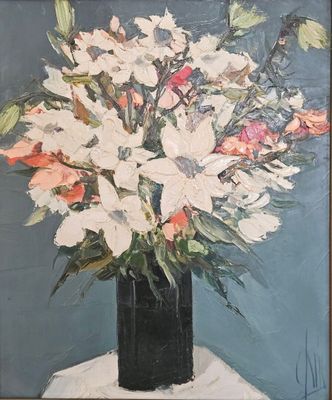 a painting of flowers in a vase on a table