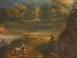 a painting of a woman and a horse in a field