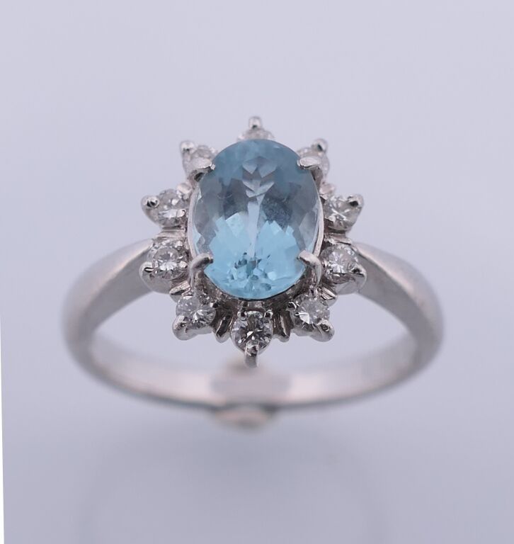 Bague en platine 900 avec aigue marine et diamants - TDD 52