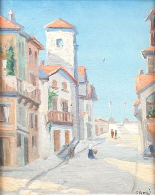 a painting of a city street with a clock tower in the background