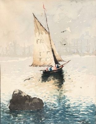 a painting of a sailboat on the water with a city in the background