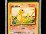 a close up of a pokemon card in a plastic case