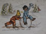 a drawing of two children playing with a snowman