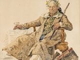 painting of an old man sitting in a chair with a glass of wine
