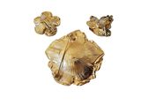 three pieces of gold leaf brooches on a white background