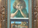 painting of a young girl with her hands on her face in front of a painting of a dog