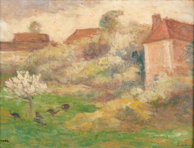 une image représentant un tableau représentant un champ avec une maison en arrière-plan