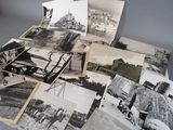 several old black and white photos of a bunch of people on a bridge