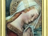 an image of a painting of a woman praying in a gold frame