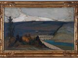 une peinture à l'huile représentant un paysage avec un pont et des montagnes en arrière-plan