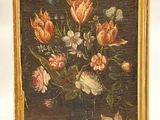 painting of a still life of flowers in a glass vase on a table