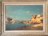 an image of a painting of a beach scene with boats in the water