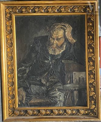 tableau représentant un vieil homme barbu assis sur une chaise
