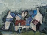 an oil painting of a group of houses in a field