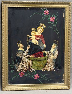 La Madone du rosaire. Fixé sous verre et gravure fin XIX°.
