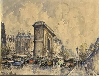 tableau représentant une scène de rue avec des voitures et des passants par temps de pluie