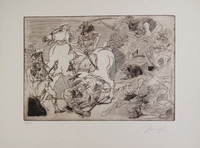 l'image d'un dessin représentant un groupe de personnes à cheval