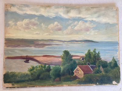 an oil painting of a view of a beach with a boat in the water