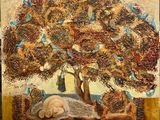 un tableau représentant un chat endormi sous un arbre