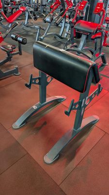 rows of red and black exercise equipment in a gym