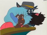 cellule d'animation représentant un chat et un chien dans un bateau