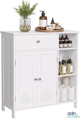 a white cabinet with a door and shelves on it