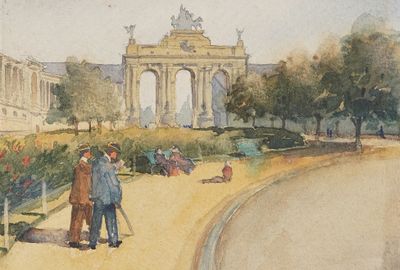 a watercolor painting of a couple of people walking in a park