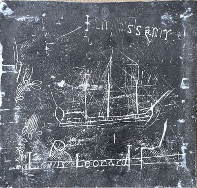 drawing of a ship on a chalkboard with writing on it