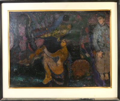 painting of a woman playing a guitar in front of a group of people
