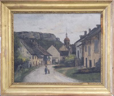 an image of a painting of two people walking down a road
